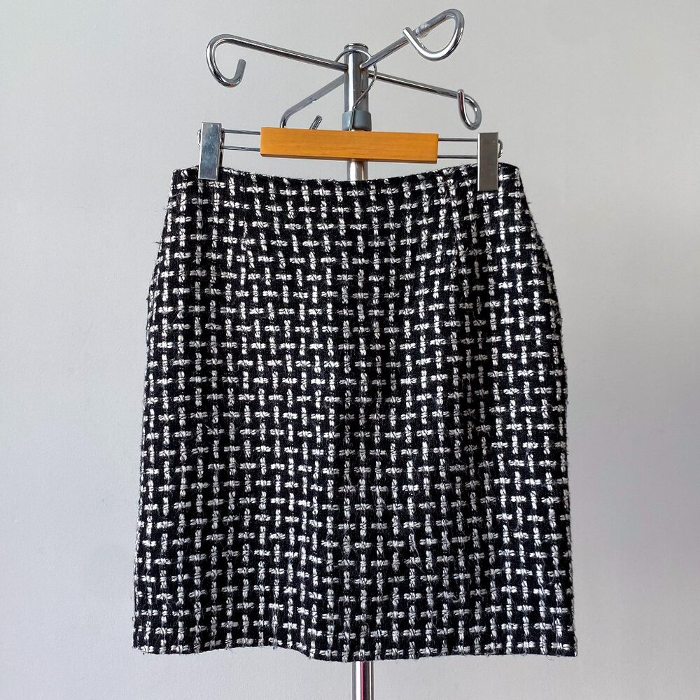 🍂 Modern Black & White Above-Knee High-Waisted Wool-Blend Coquette Tweed Skirt
